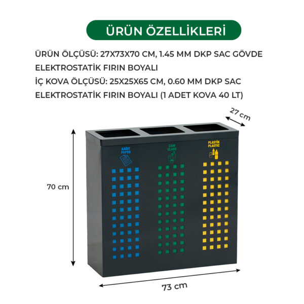 3'lü sıfır atık kutusu metal geri dönüşüm kutusu