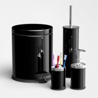 4'lü siyah banyo seti diş fırçalık çöp kovası tuvalet fırçası sabunluk