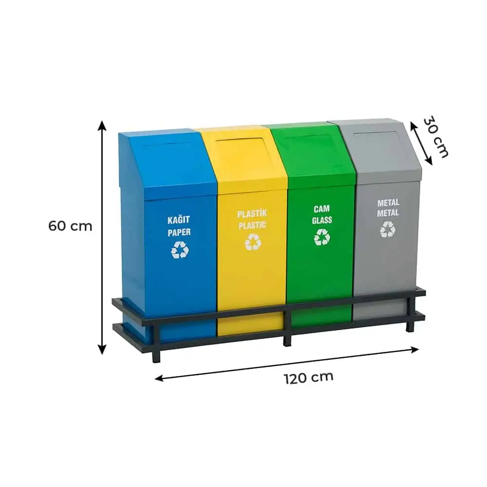 Ovata-444 4'lü + Hazneli + Yaylı Kapaklı Geri Dönüşüm Kutusu