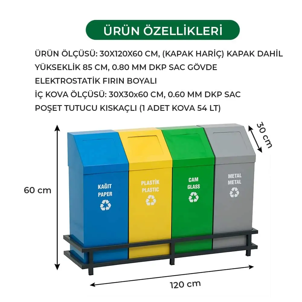 Ovata-444 4'lü + Hazneli + Yaylı Kapaklı Geri Dönüşüm Kutusu