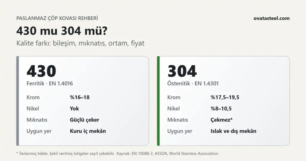 430 ve 304 paslanmaz çelik karşılaştırması: krom ve nikel oranı, mıknatıs tepkisi ve uygun kullanım yeri
