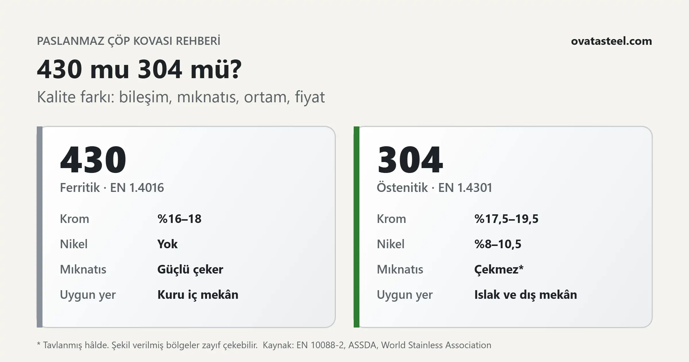 430 ve 304 paslanmaz çelik karşılaştırması: krom ve nikel oranı, mıknatıs tepkisi ve uygun kullanım yeri