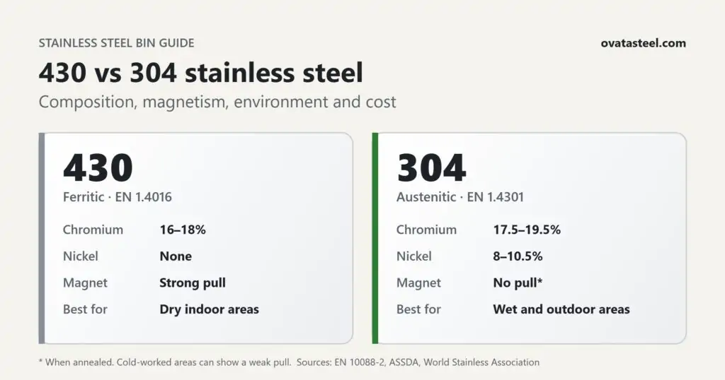 430 vs 304 stainless steel comparison: chromium and nickel content, magnetic response and best location for bins