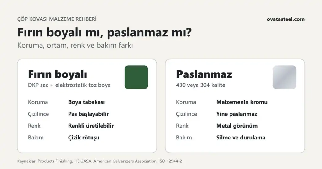 Fırın boyalı ve paslanmaz çöp kovası karşılaştırması: koruma yöntemi, çizik davranışı, renk ve bakım