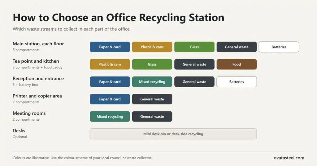 Chart showing which waste streams to collect at the main station, tea point, reception, printer area, meeting rooms and desks in an office
