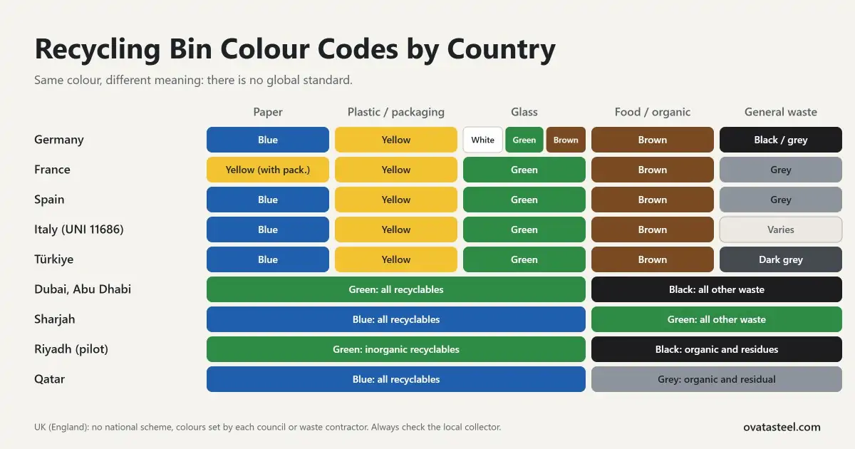 Chart comparing recycling bin colour codes in Germany, France, Spain, Italy, Türkiye, Dubai, Abu Dhabi, Sharjah, Riyadh and Qatar