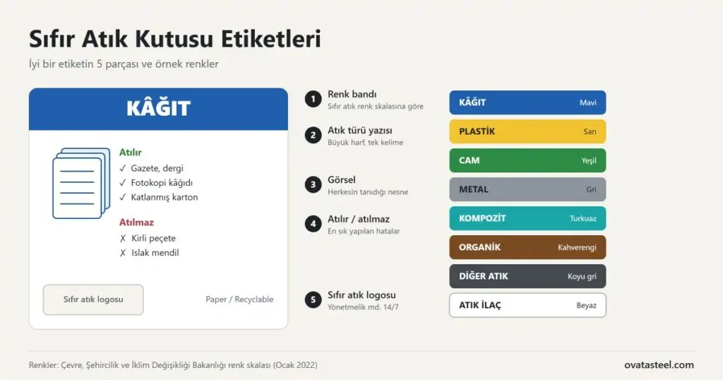 Örnek sıfır atık kutusu etiketi: renk bandı, atık türü yazısı, görsel, atılır ve atılmaz örnekleri ve sıfır atık logosu alanı; yanında sıfır atık renkleri